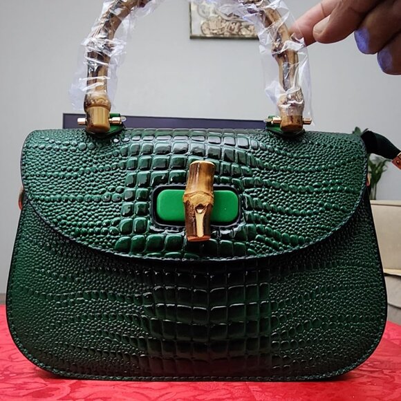 Neiman Marcus Bamboo Handle Crocodile Print Top Handle Bag - Picture 2 of 7